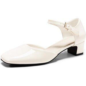 Womens Chunky White Heels Ankle Strap Square Toe Dress Pumps Work Party Shoes